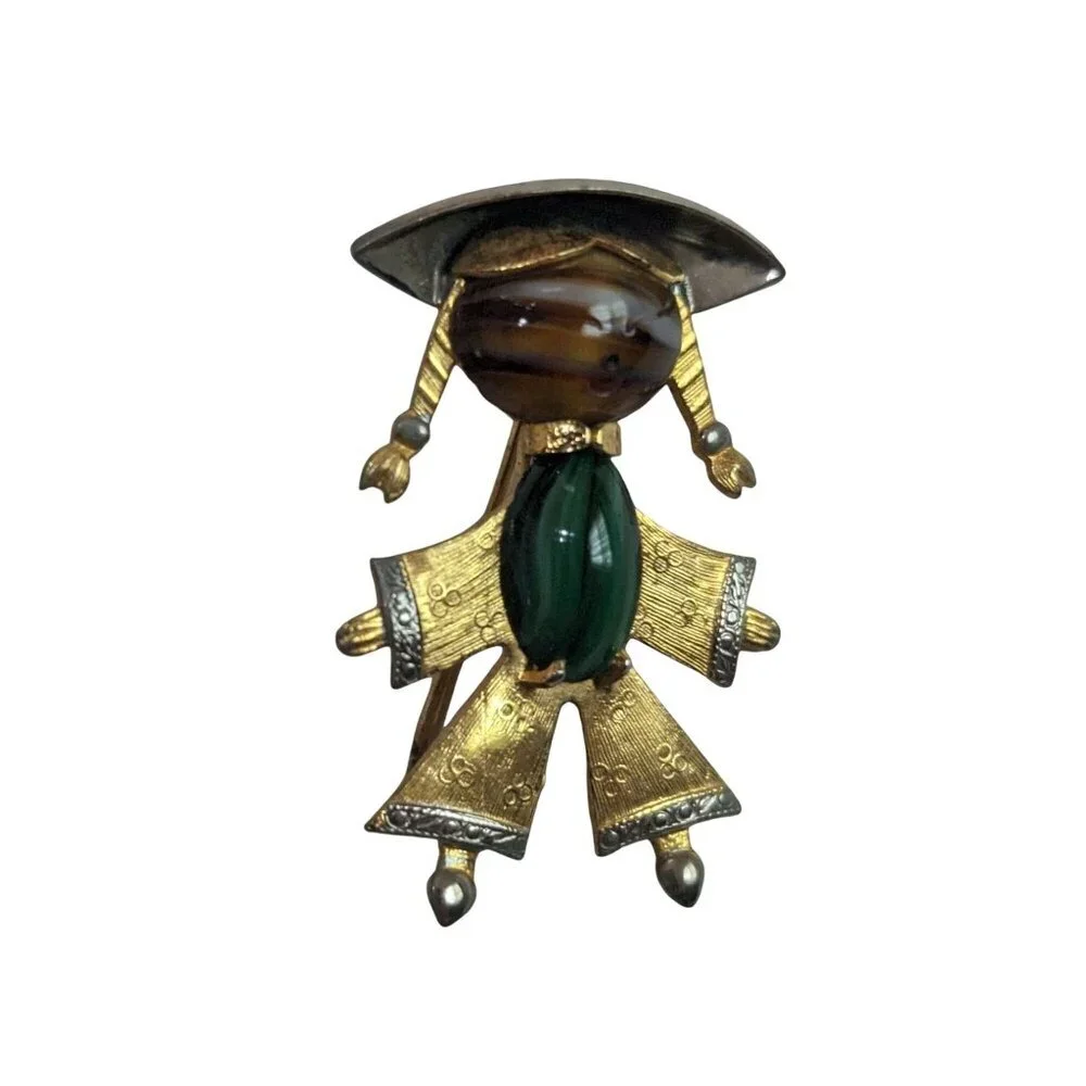 Vintage‎ Asian Figural Brooch Set Gold Tone Green Brown Stone Boy Girl Pins